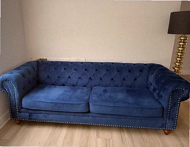 Tufted Velvet Nailhead Trim Sofa Couch Blue 3-4 Seat 84in Wide (Used)