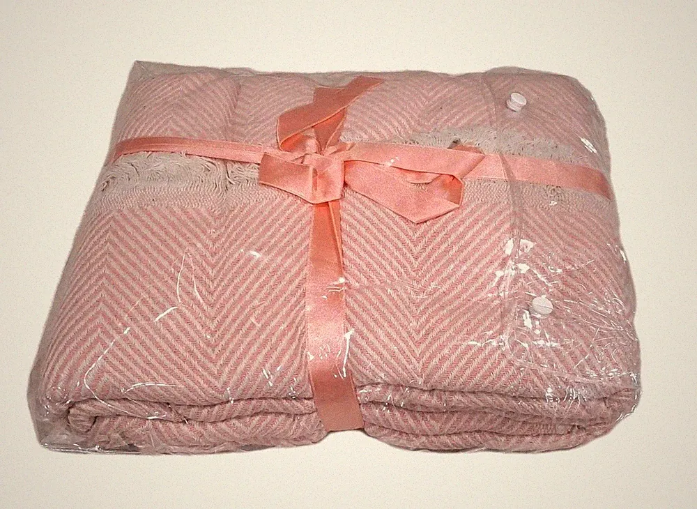 Turkish Cotton Throw Blanket Salmon Pink Herringbone 57x78 Soft Fringe Sofa Bed
