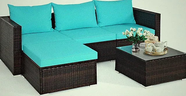 Turquoise 5-Piece Outdoor Patio Furniture Set with Cushions & Coffee Table