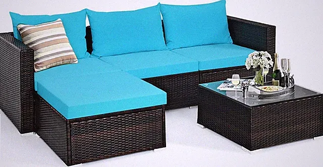 Turquoise 5-Piece Outdoor Wicker Sectional Sofa Set with Glass Coffee Table