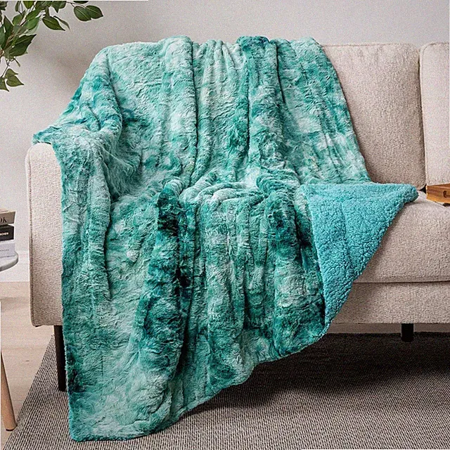 Turquoise Tie-Dye Faux Fur Throw Blanket - Fluffy Sherpa Blanket for Sofa 50x60"