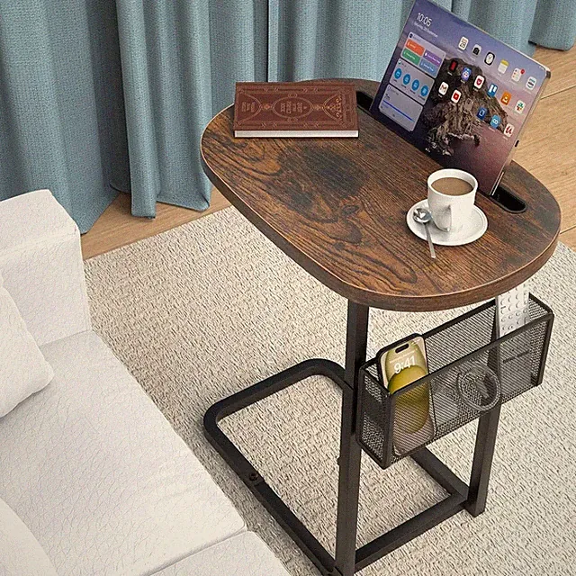 TV Tray Table with Storage Baskets Adjustable Height Couch Side End Table
