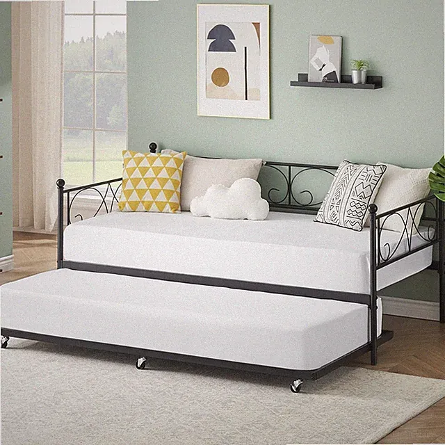 Twin Bed With Trundle Frame Set, Heavy Duty Daybed With Roll Out Trundle Bed US