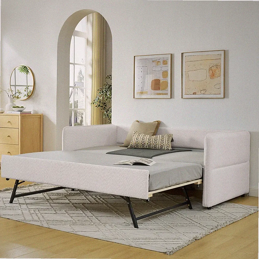 Twin Boucle Tufted Daybed with Upholstered, Twin Trundle Sofa Bed(83"x43"x29.5")