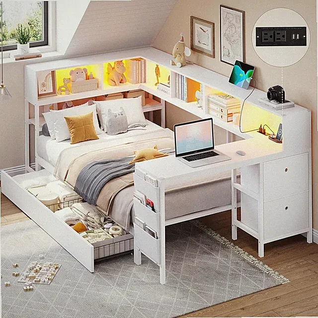 Twin Corner Bed Frame Daybed with Desk,Bookcase Storage,Charging Station
