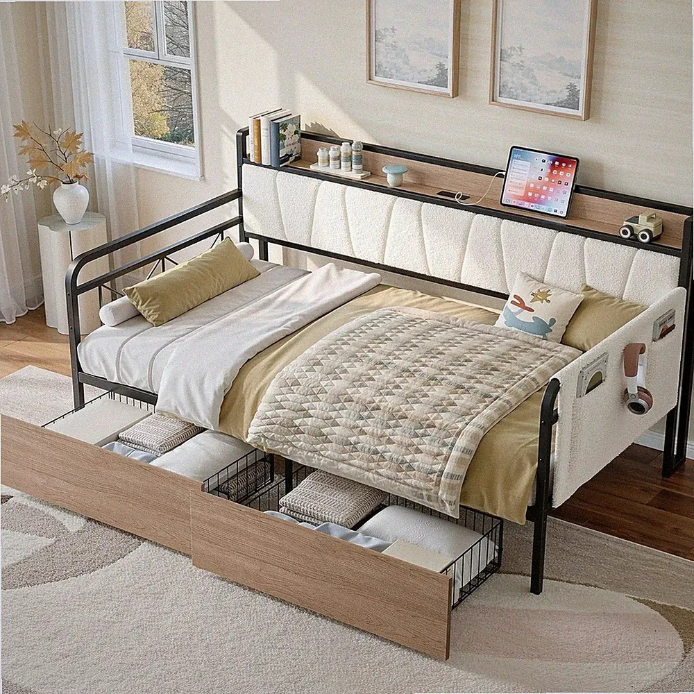 Twin Daybed, Day Bed Frame with 2 Storage Drawers, Charging Station | Sofa