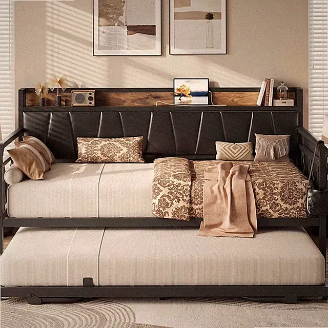 Twin Daybed, Day Bed Frame with Pop Up Trundle, Black | Pop Up Trundle Bed with