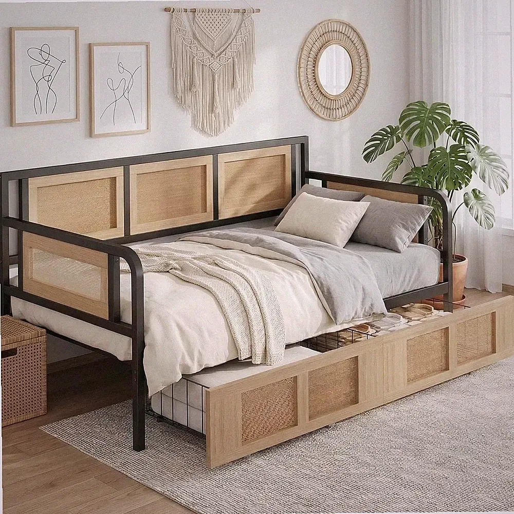 Twin Daybed, Day Bed Frame with Storage Drawers, Rattan Boho Corner Bed Frames w