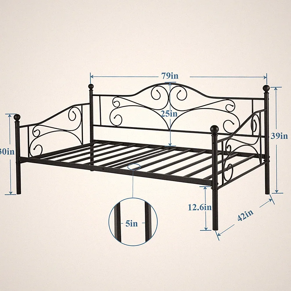 Twin Daybed Frame Metal Sofa Bed with Headboard Steel Slat Support for Bedroom