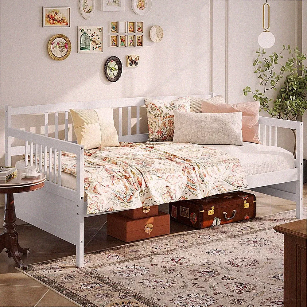 Twin Daybed Frame, Wooden Sofa Bed Guest Bed with Rails & Wood Slat Support