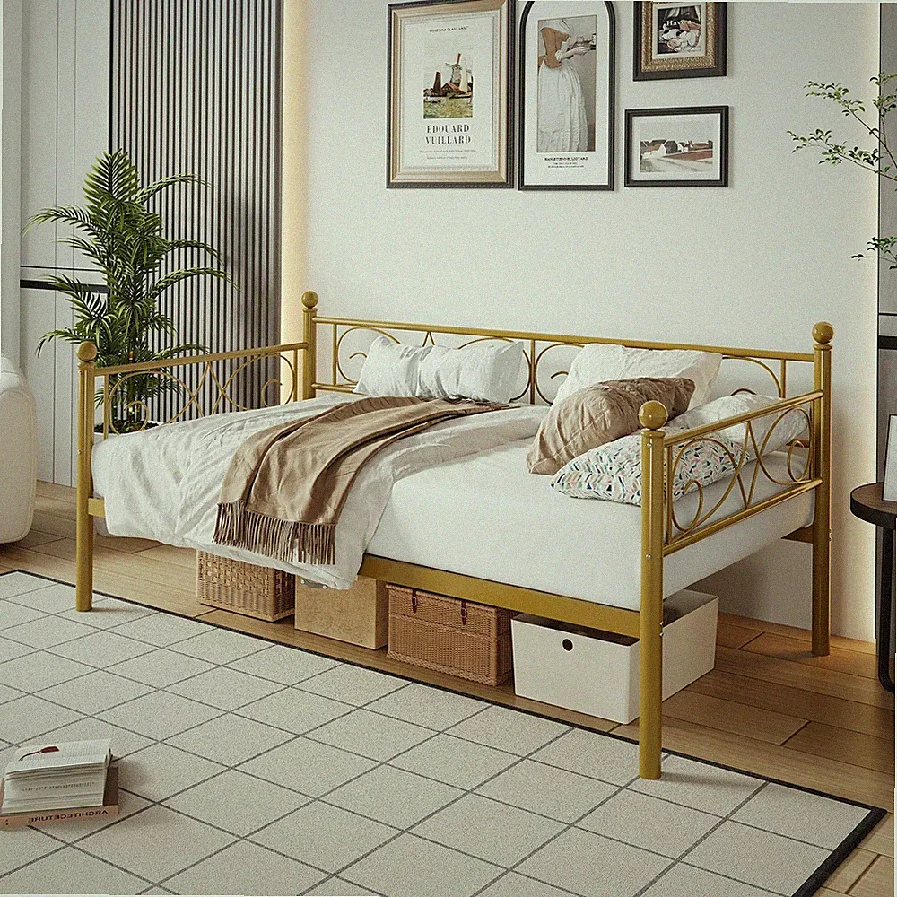 Twin Daybed w/Floral Headboard, Modern Sofa Bed Frame Gold ,Steel Slats Support