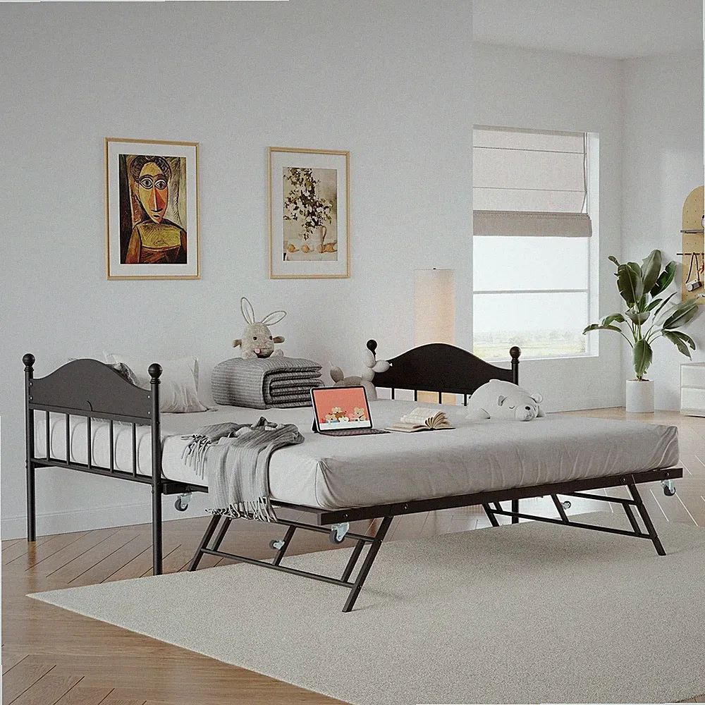 Twin Daybed w/Foldable Trundle & Stylish Headboard,Sofa Bed Frame,Lockable Caste