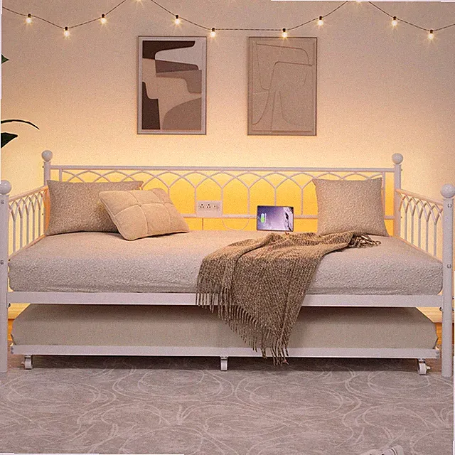 Twin Daybed w/Pull Out Trundle, Metal Sofa Bed Frame LED Light for Small Spaces