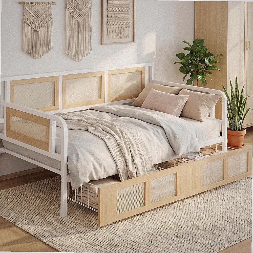 Twin Daybed w/Storage Drawers Rattan Boho Corner Bed Frame White