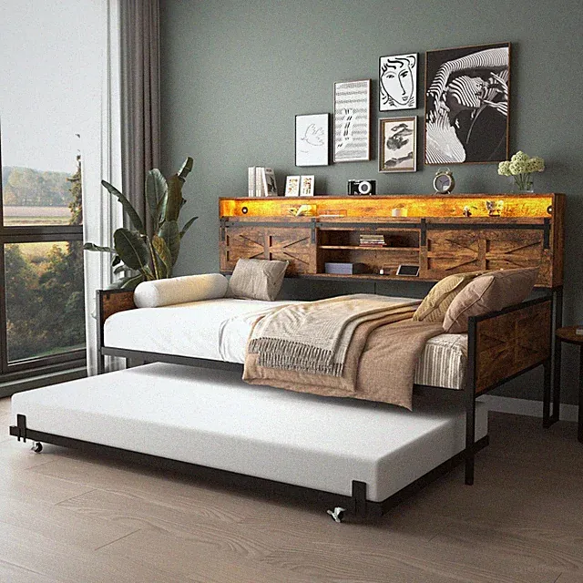 Twin Daybed w/Trundle,Farmhouse Daybed Frame w/Sliding Barn Door Headboard and C
