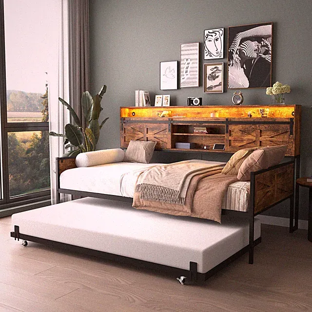 Twin Daybed w/Trundle,Farmhouse Daybed Frame w/Sliding Barn Door Headboard,Brown