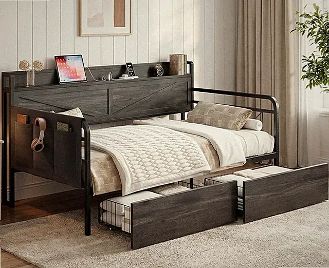 Twin Daybed with Farmhouse Storage Headboard | Day Bed with 2 Storage Drawers