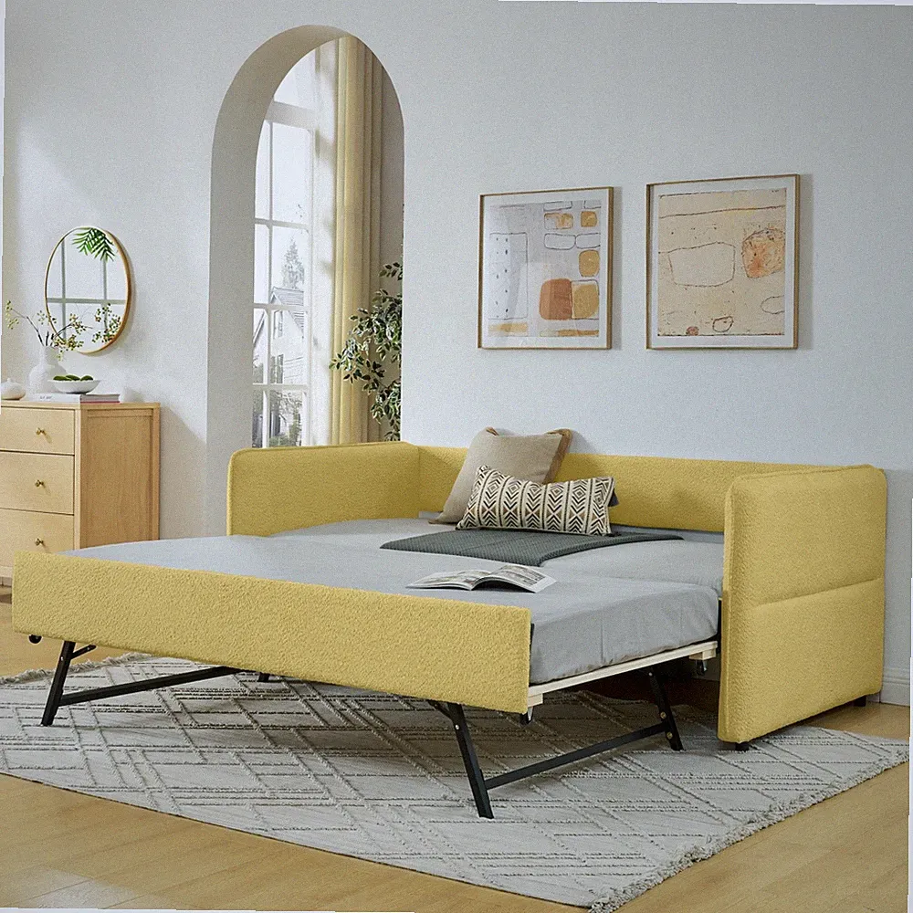 Twin Daybed with Pull-Out Trundle Boucle Upholstered Modern Sofa Bed Yellow/Blue