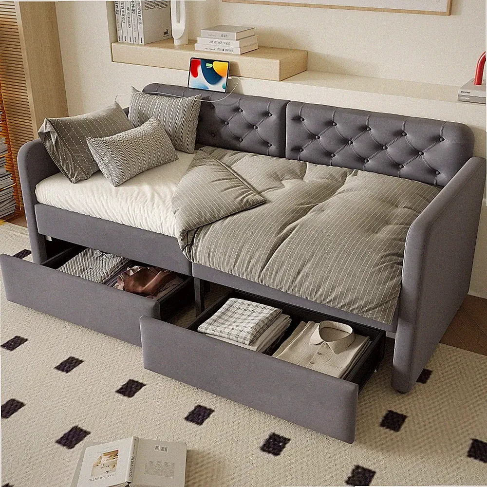 Twin Daybed with Storage Drawers Charging Velvet Upholstered Sofa Bed Frame