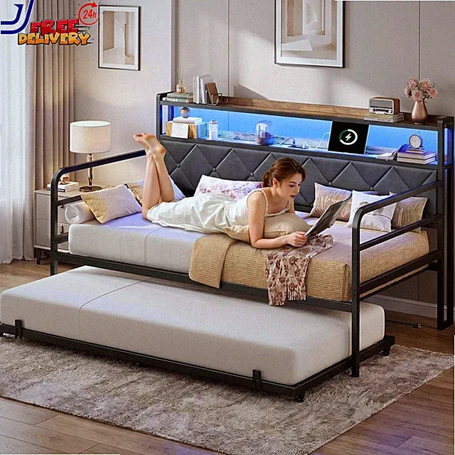 Twin Daybed with Trundle 700Lbs Capacity LED Lights & Charging Station Twin Bed
