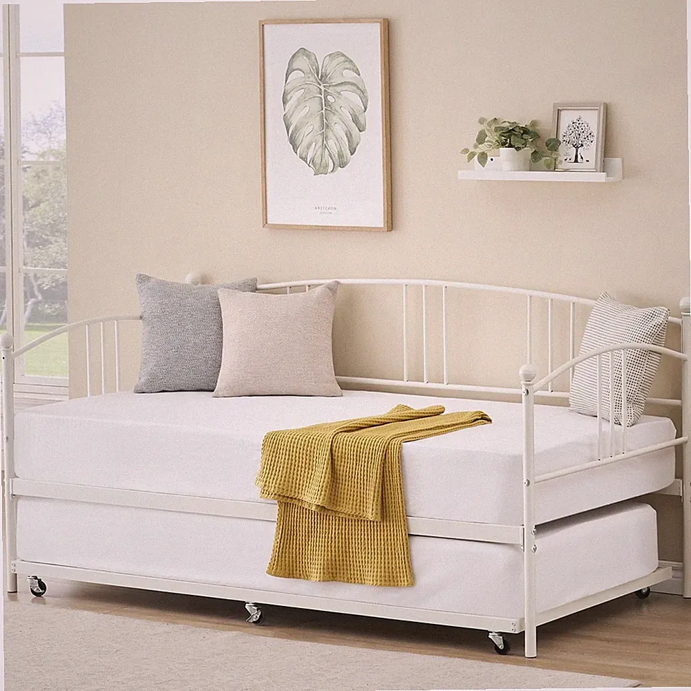 Twin Daybed with Trundle Bed ,Metal Sofa Bed Frame ,Steel Slat Support Sturdy