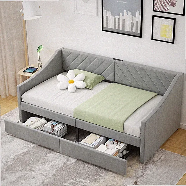Twin Daybed with Trundle Charging Station Upholstered Sofa Bed Storage Grey