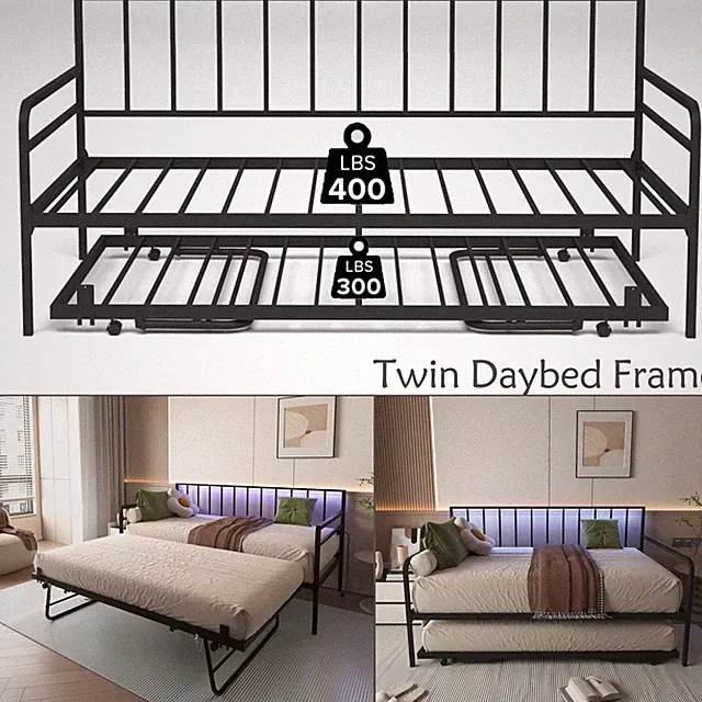 Twin Daybed with Trundle - Day Bed with LED Light Charing Station Sofa Bed Frame