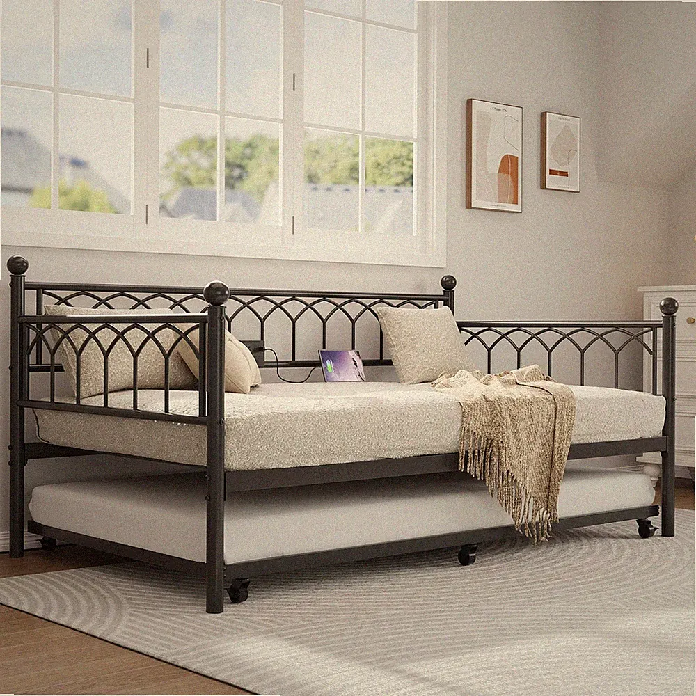 Twin Daybed with Trundle LED Metal Sofa Day Bed Frame with Charging Station