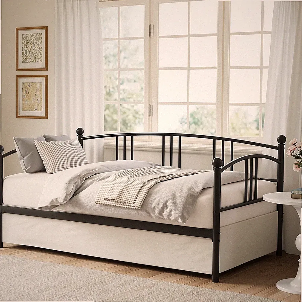 Twin Daybed with Trundle Metal Day Bed Frame Space-Saving Sofa Bed Living Room