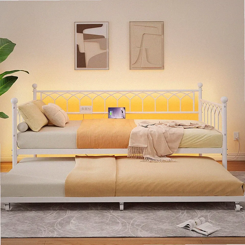 Twin Daybed with Trundle Metal Sofa Bed Frame with Charging Station & LED Lights