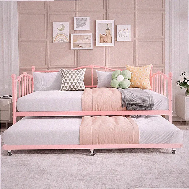 Twin Daybed with Trundle, Metal Sofa Bed Frame with Steel Slat Support, for Livi