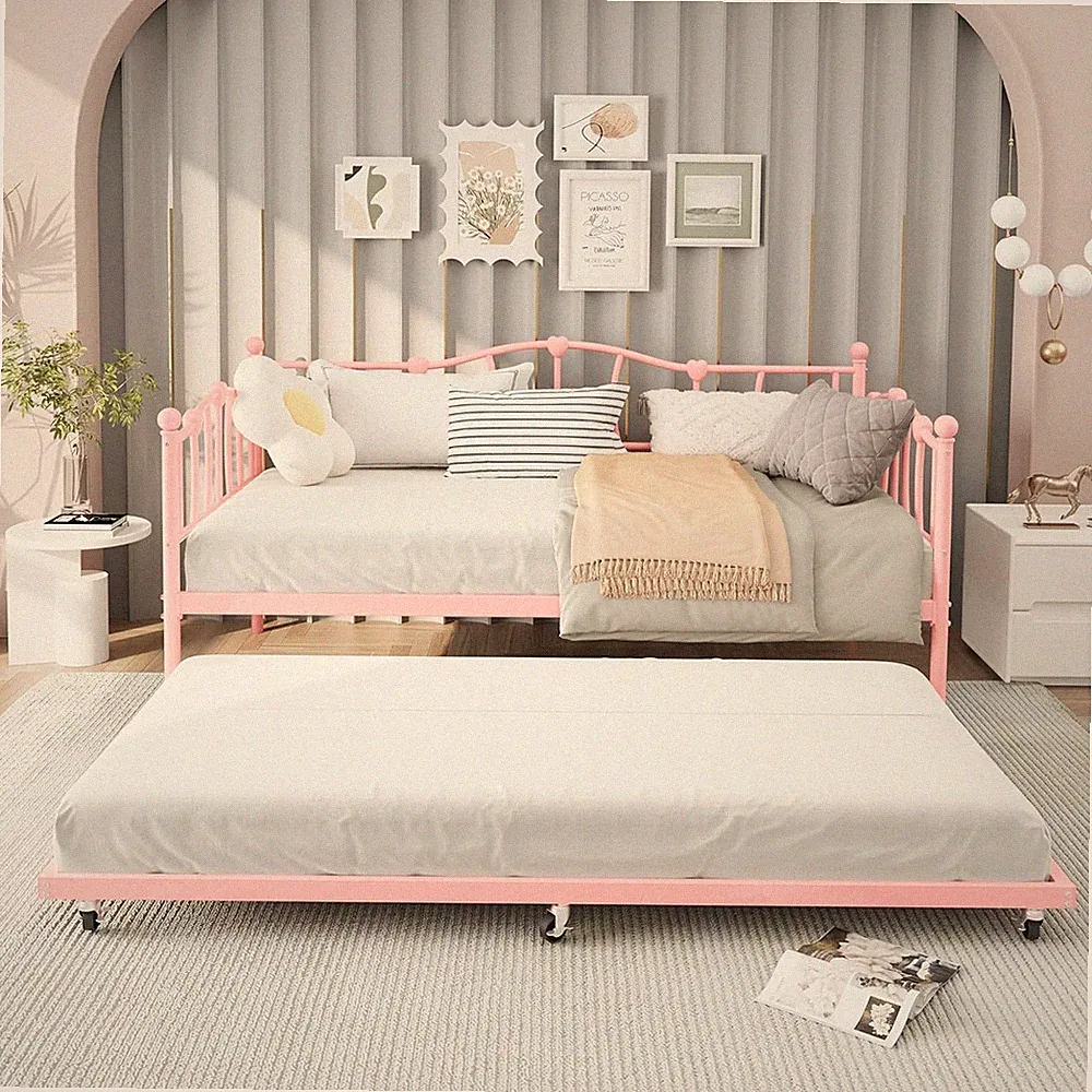 Twin Daybed with Trundle, Metal Sofa Bed Frame with Steel Slat Support,Pink