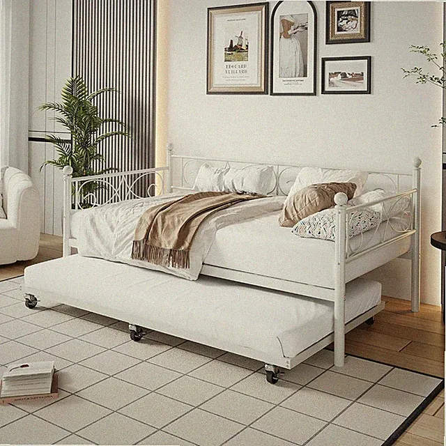 Twin Daybed with Trundle, Metal Trundle Bed, Sofa Bed Frame, Heavy Duty Metal