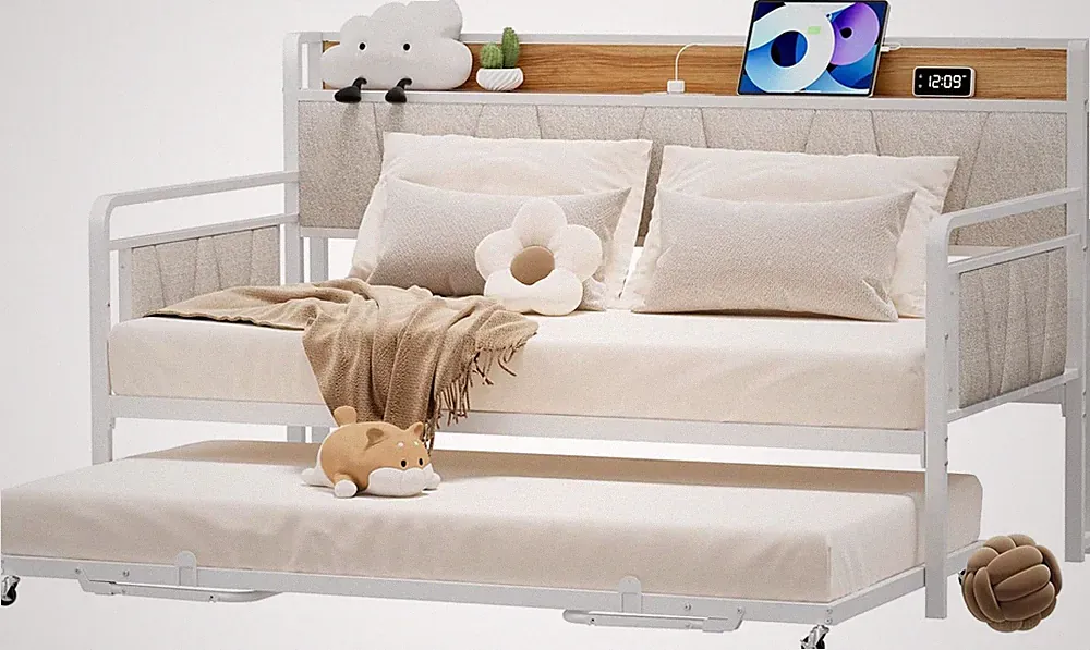Twin Daybed with Trundle, Modern Twin Size Sofa Day Bed, Sturdy Metal Bed Frame
