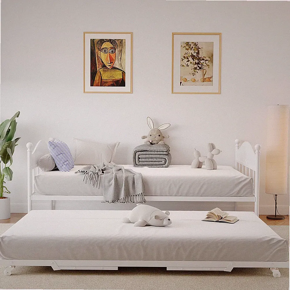 Twin Daybed With Trundle, Sturdy Metal Sofa Bed Frame With Steel Slat Support
