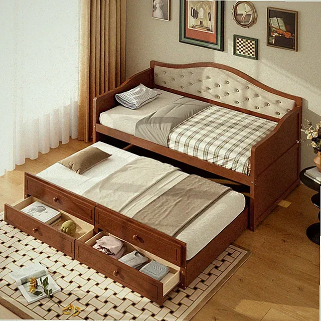 Twin Daybed with Trundle Upholstered Headboard 2 Drawers Wooden Sofa Bed Walnut