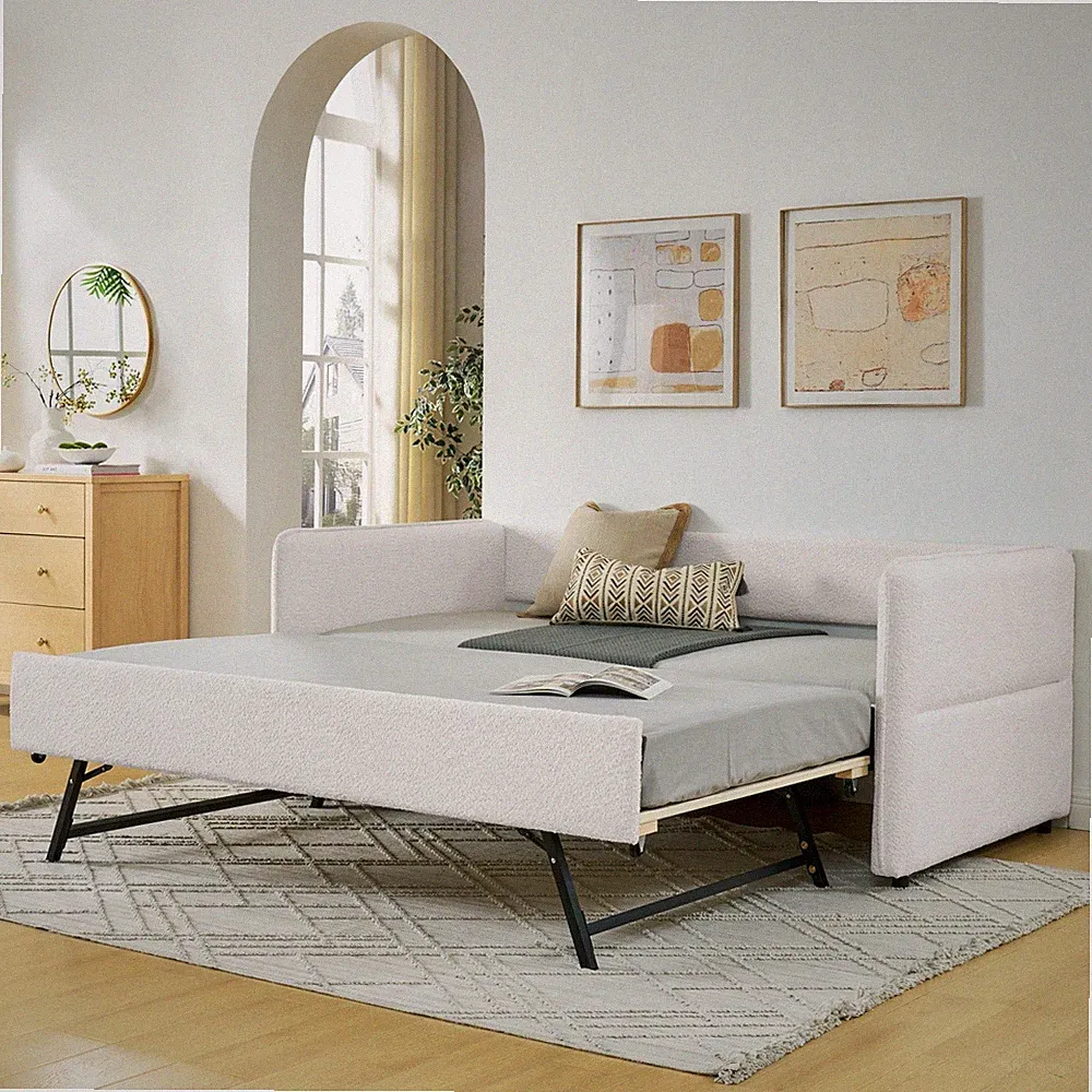 Twin/Full Daybed Modern Boucle Upholstered Sofa Bed w/ Pull-Out Trundle Beige
