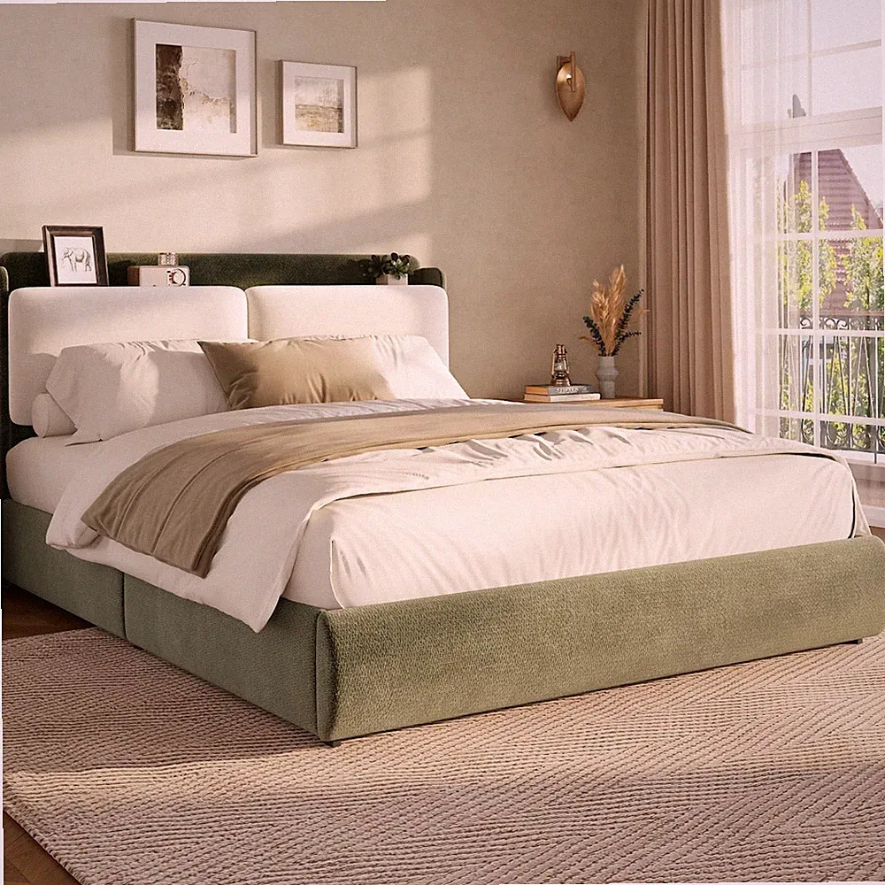 Twin/Full/Queen Modern Chenille Fabric Platform Bed Frame with Recessed Shelf