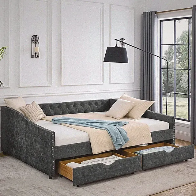Twin/Full/Queen Size Daybed Upholstered Bed Frame Sofa Bed w/ 2 Storage Drawers