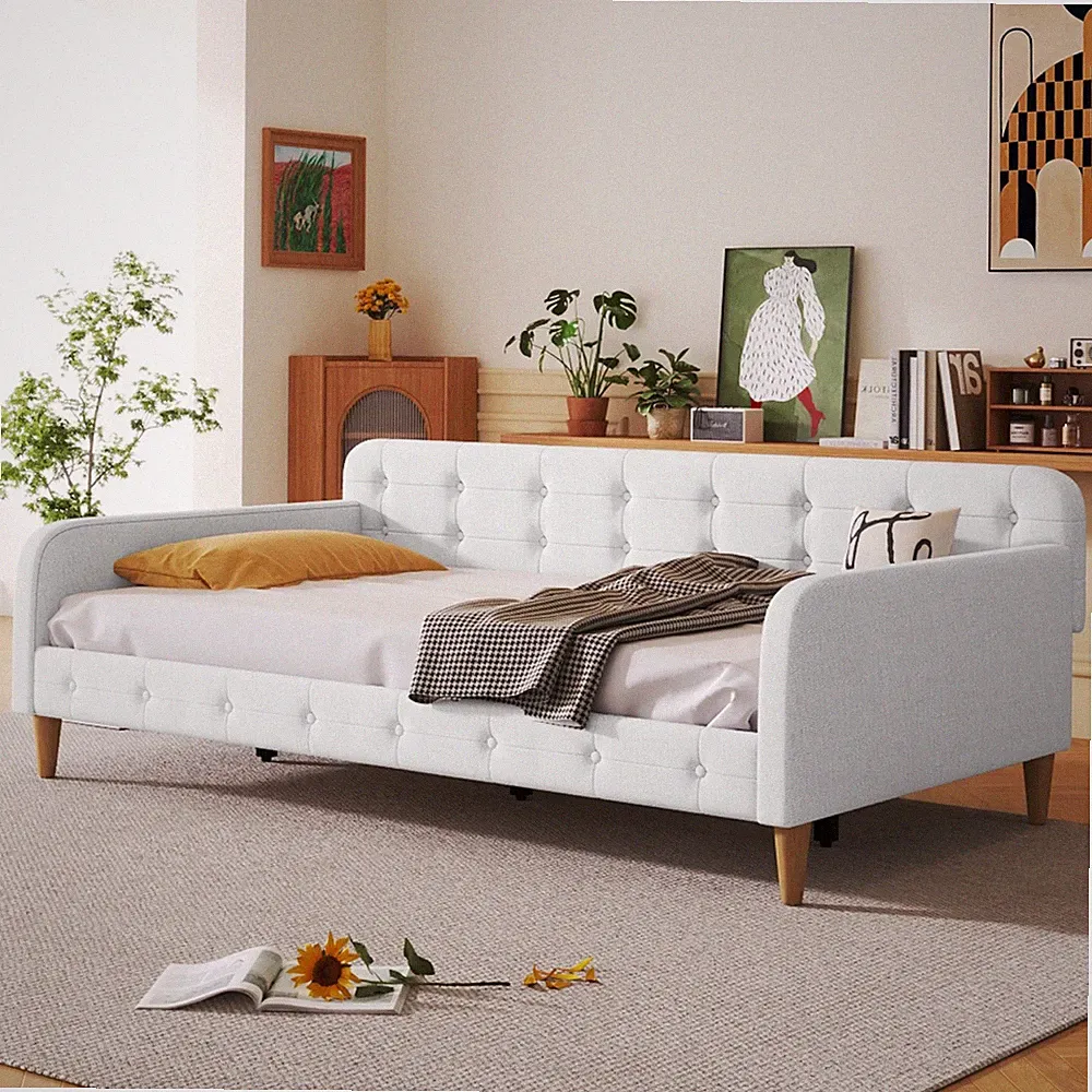 Twin/Full Size Daybed Upholstered Bed Frame Sofa Bed with 4 Legs Beige/Rubine