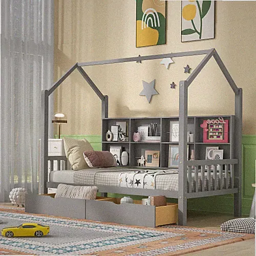 Twin/Full Size House Bed with Storage Drawers & Shelves Daybed Sofa Bed Kids Bed