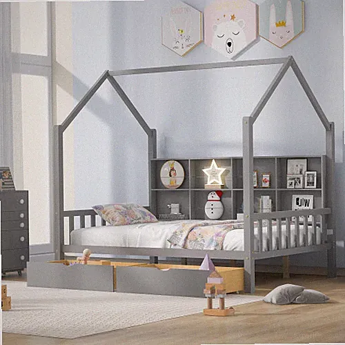 Twin/Full Size House Bed with Storage Drawers & Shelves Daybed Sofa Bed Kids Bed