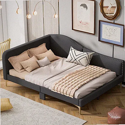 Twin Full Size Upholstered Daybed with Headboard & Armrest Linen Sofa Bed Frames