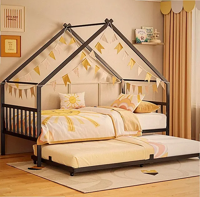 Twin House Daybed with Trundle, Heavy Duty Bed Frame, Black | Charming House Bed