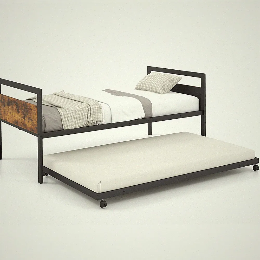 Twin Industrial Metal Daybed Lockable Sofa Bed Trundle Bed w/Non-slip Foot Pads