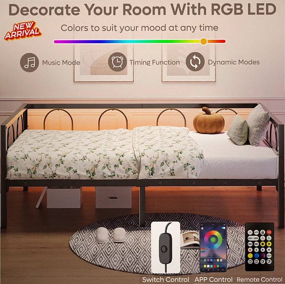 Twin Metal Daybed RGB LED Lights 1100lb Sofa Bed Platform Black Sofá Cama Marco