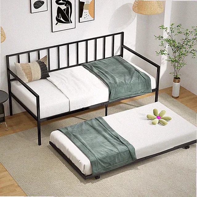 Twin Metal Daybed Sofa Bed with Trundle & Lockable Casters for Living Room