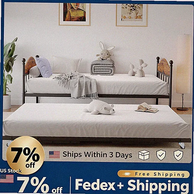 Twin Metal Daybed w Pop Up Trundle,Foldable Sofa Bed Frame w/ No Break in Middle