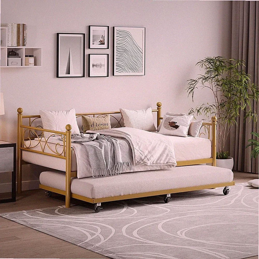 Twin Metal Daybed with Roll Out Trundle Bed Heavy Duty Frame Sofa Bed Set Golden
