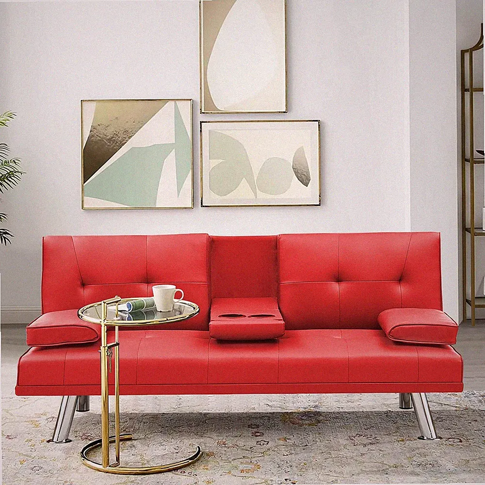 Twin Modern Cup Holder Leather Futon Sofa Bed Red Folding Convertible Tufted